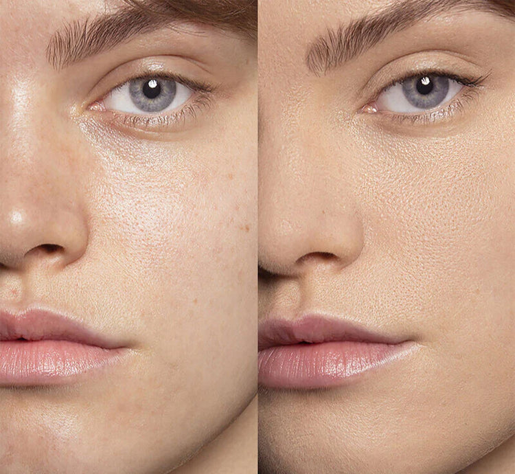 Antes e depois da aplicação do Luzéra™ Glow Stick Foundation